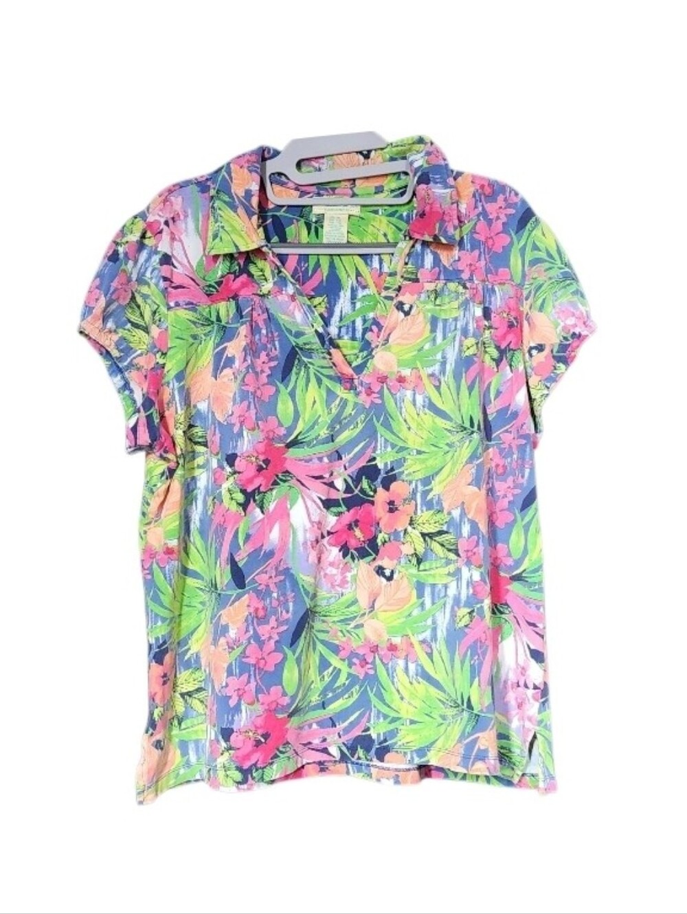 Caribbean Joe Pink Green Blue Tropical Collared V-Neck Short Sleeve Top